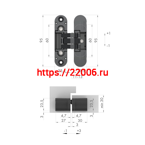 Петля Armadillo (Армадилло) скрытой установки U3D4000 AB (9540UN3D) бронза фото 2