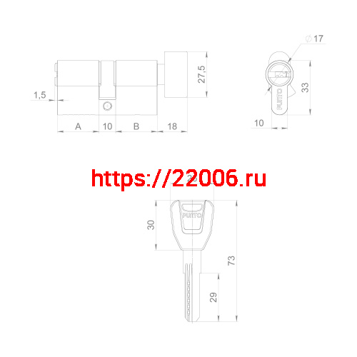 Цилиндровый Punto (Пунто) механизм (A202/80) A2002Knob80(35+10+35) с вертушкой PB латунь фото 2 Цилиндровый Punto (Пунто) механизм (A202/80) A2002Knob80(35+10+35) с вертушкой PB латунь фото 2
