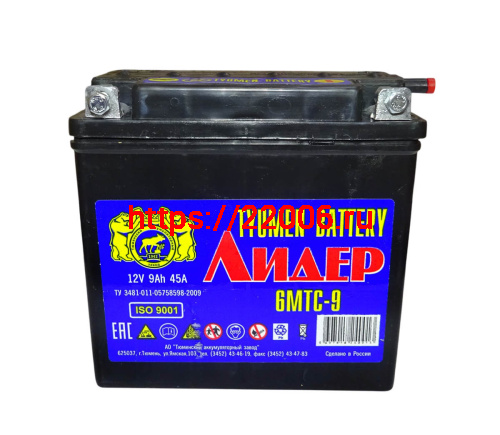 Аккумулятор 12В  9 А/ч, г.Тюмень Лидер (6МТС-9) под болт(140х75х135) обрат. пол., Кислот. Сухозарядж